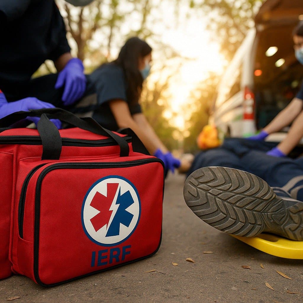 An IERF-branded trauma bag on the ground as responders work on a patient
